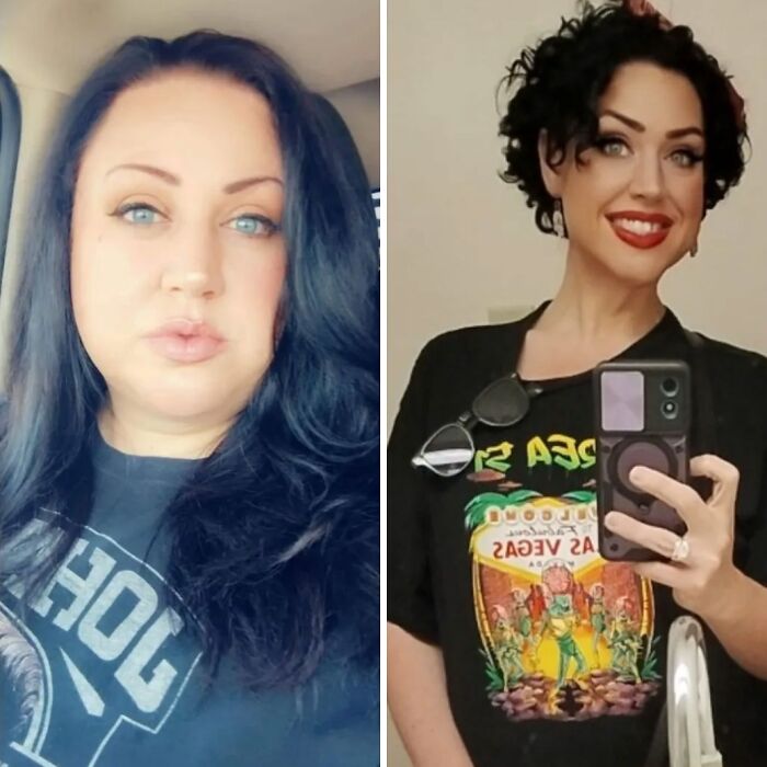 A woman's breakup transformation: before and after, with a noticeable change in facial features and hair style.