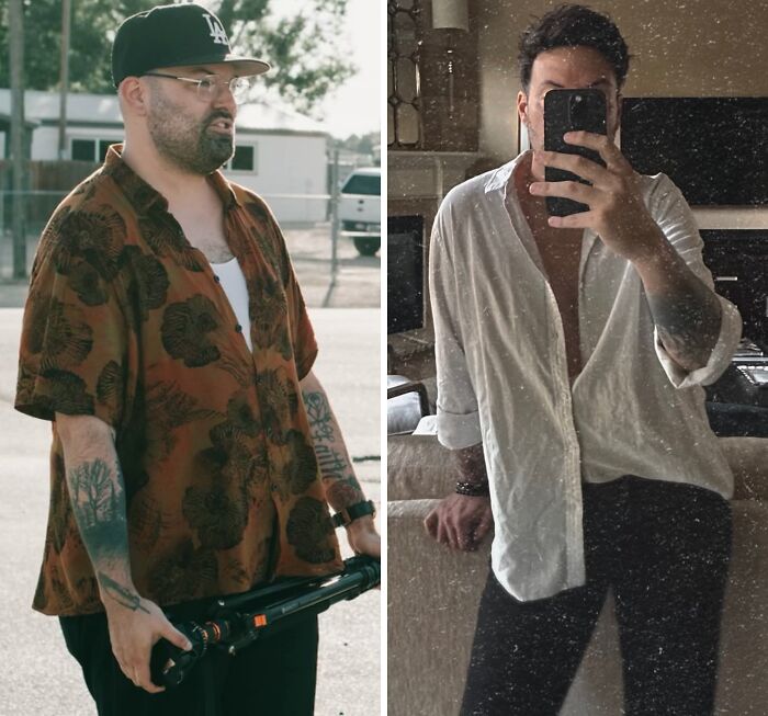 A man's breakup transformation, from a casual shirt to a stylish white shirt, showcasing peace.