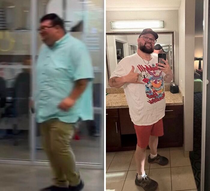 A man's breakup transformation: before and after, highlighting weight loss and a thumbs-up pose.