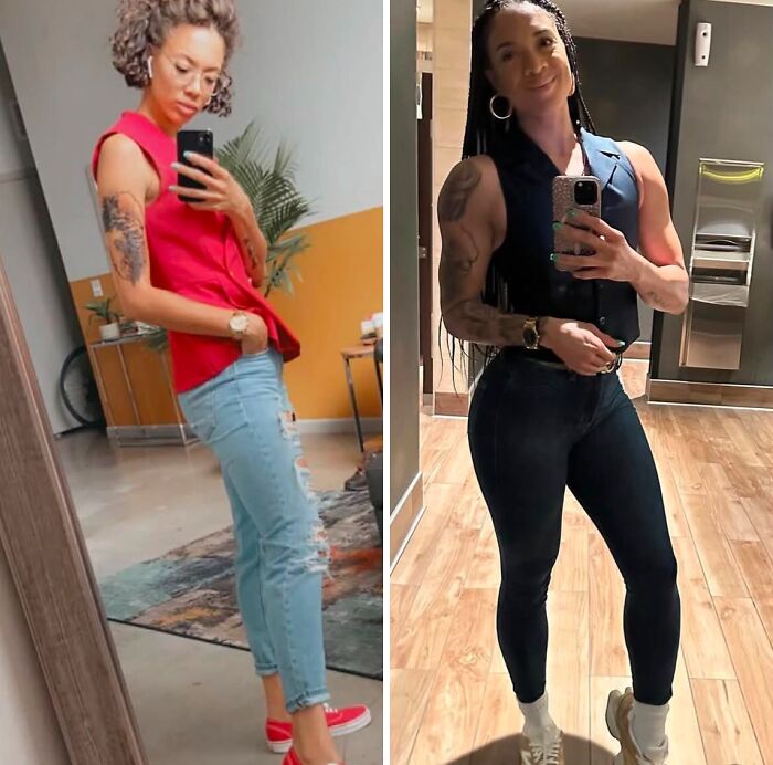 A split image of a woman's before and after, depicting her breakup transformations and sense of peace.