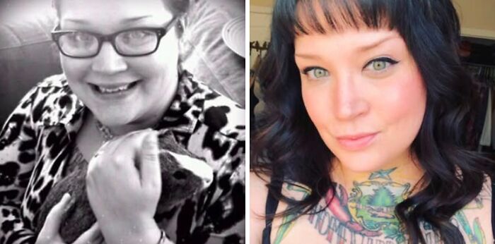 A woman in black and white before, now colorful with tattoos, illustrates a dramatic breakup transformation and peace.