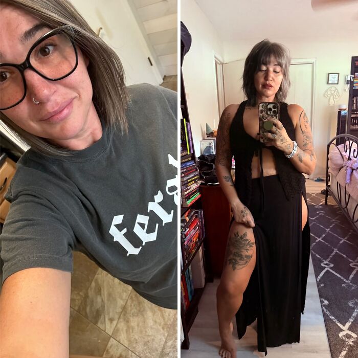 A woman's breakup transformation, displaying her change from a casual style to a bold and confident look with tattoos.