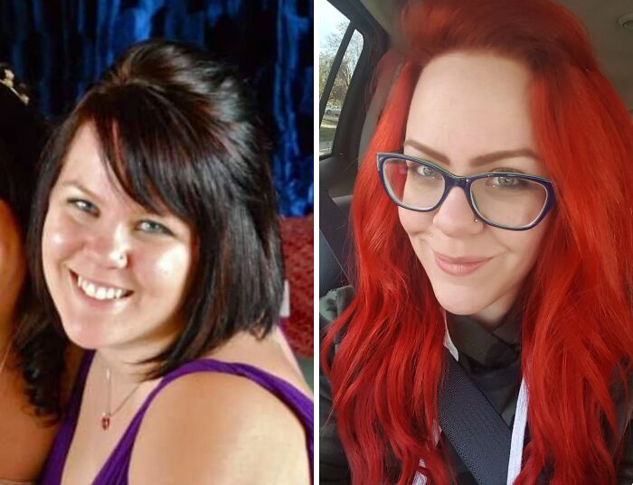 A woman's breakup transformation: before and after, showing a happier look and new red hair.