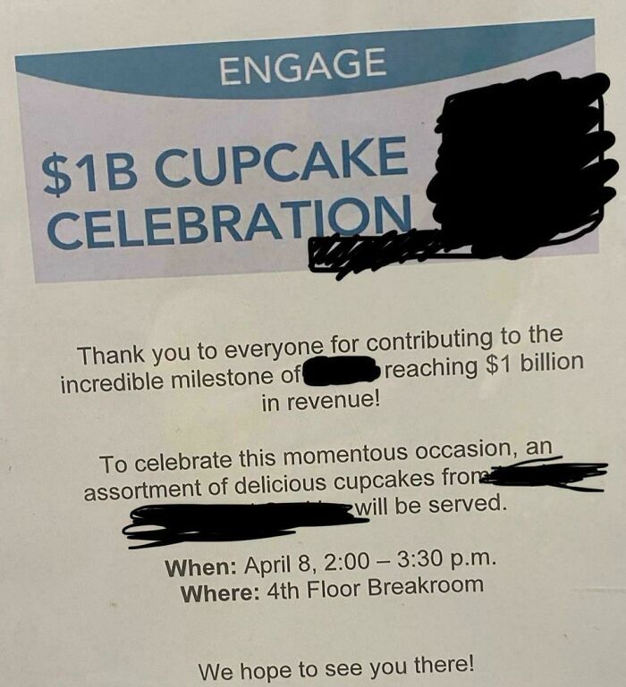 A photo of a flyer for a cupcake celebration for reaching $1 billion in revenue, showing the horrid world.