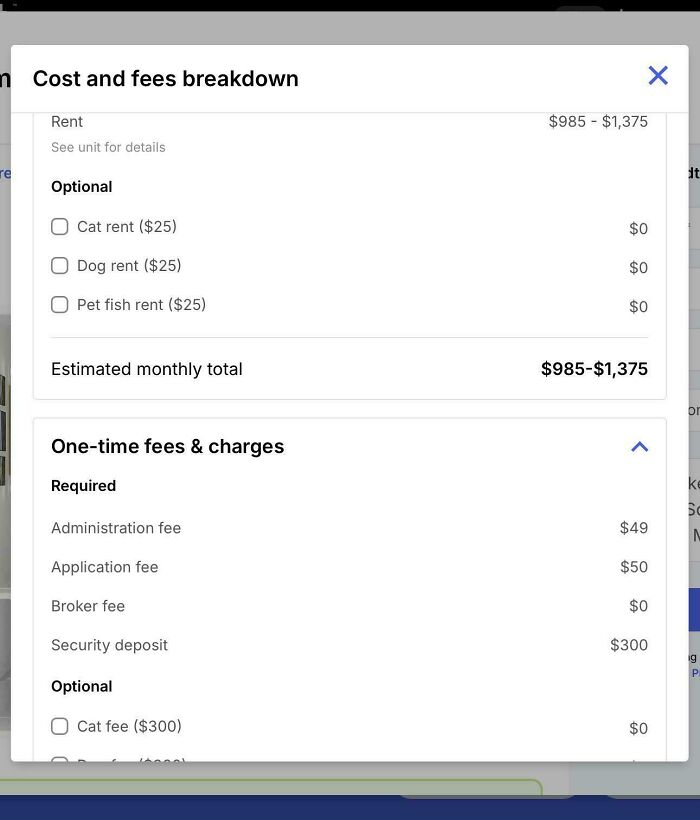 A rental fees breakdown showing various costs and optional pet fees, highlighting a sad world of expenses.