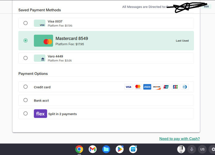 A screenshot of saved payment methods and payment options in a horrid world.
