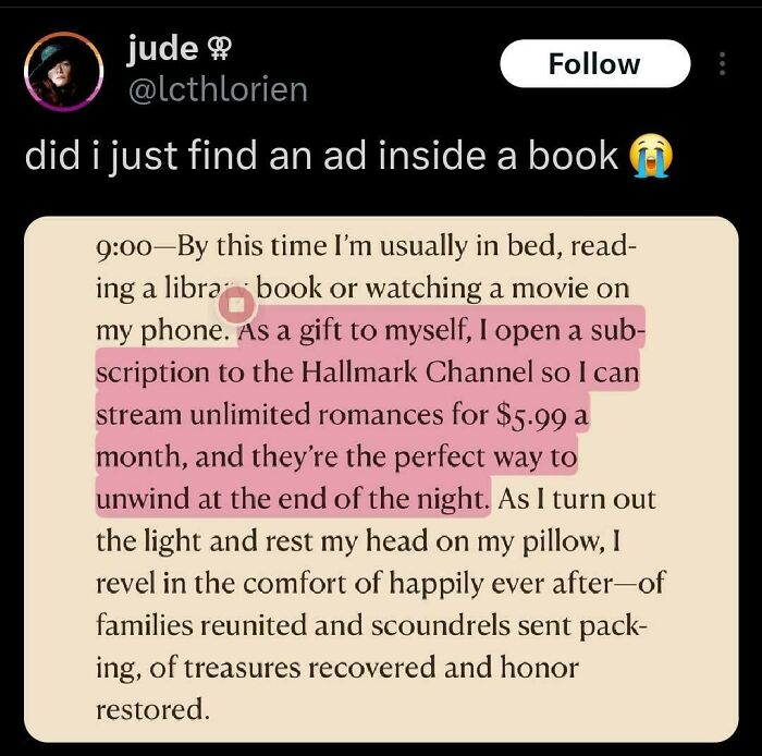 A social media post questioning finding an ad inside a book, reflecting a sad and horrid world.