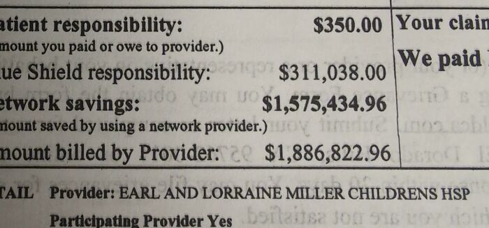 A detailed medical bill showing high costs, network savings, and billed amounts in a horrid world.