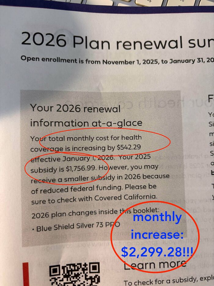 A document detailing a 2026 health coverage renewal with a significant monthly increase, showing the horrid world.