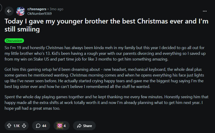 A screenshot of a Reddit post about giving a younger brother the best Christmas ever, showcasing the sad world.