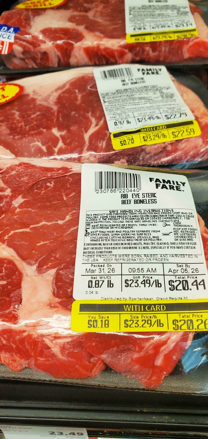 Ribeye steaks with price tags, illustrating the horrid cost of meat in today's sad world.