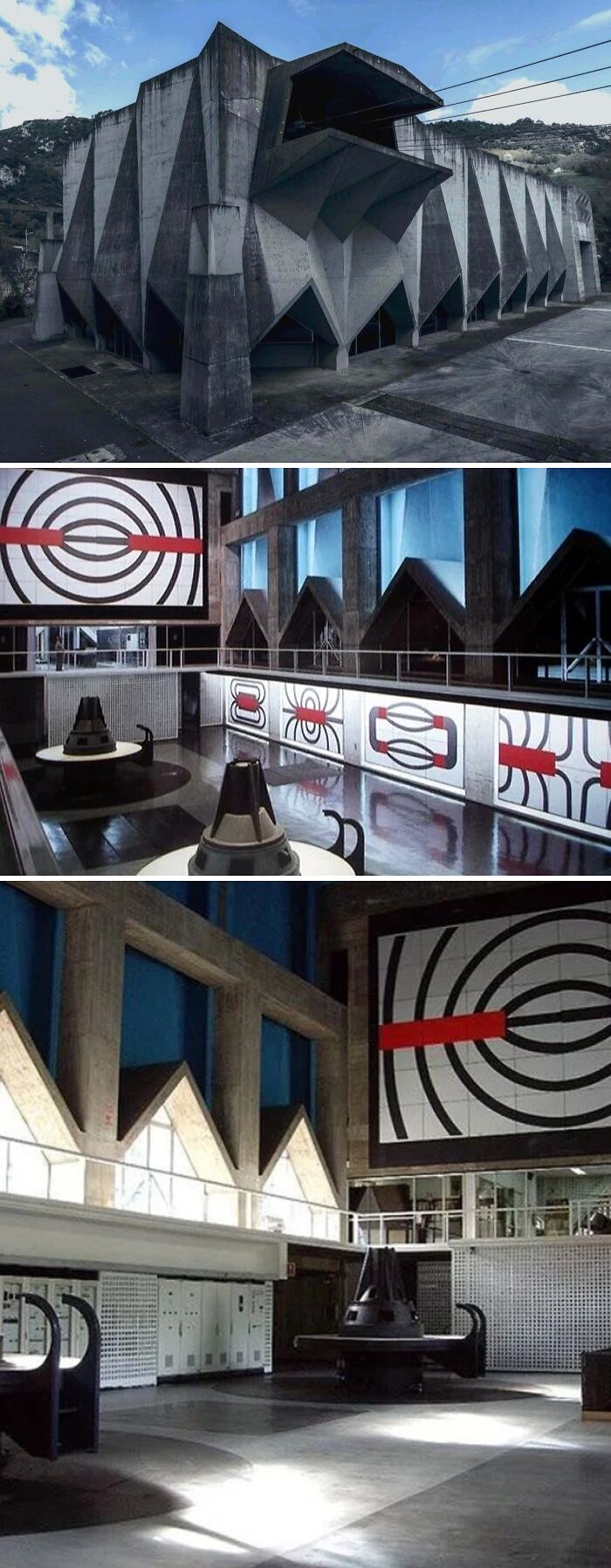 A multi-panel image of a brutalist concrete building with angular designs, inside and out, fitting for an evil mastermind.