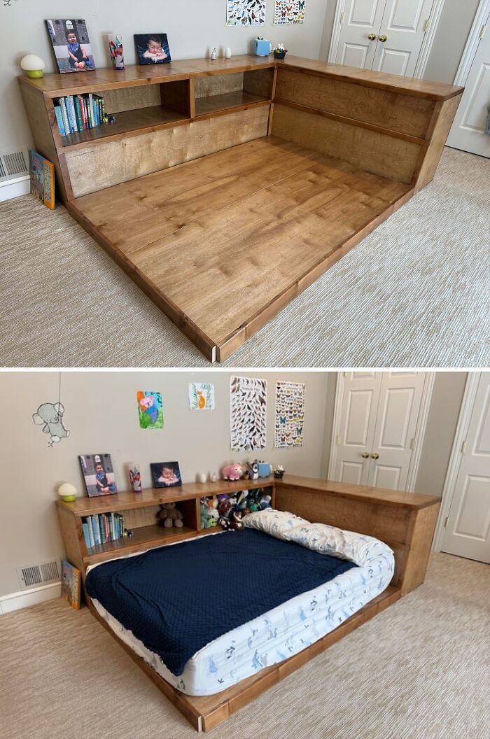 A DIY wooden bed frame with built-in shelves and storage, before and after being styled, showing a great dad's work.