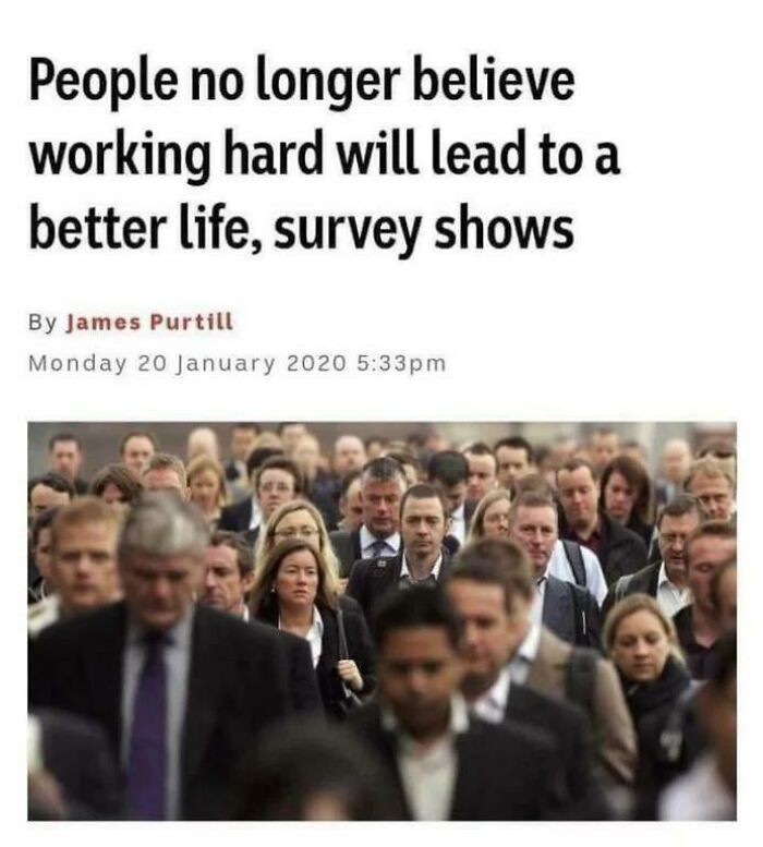 A news article headline and image of a crowd of people, stating that many no longer believe working hard leads to a better life, reflecting a horrid and sad world.