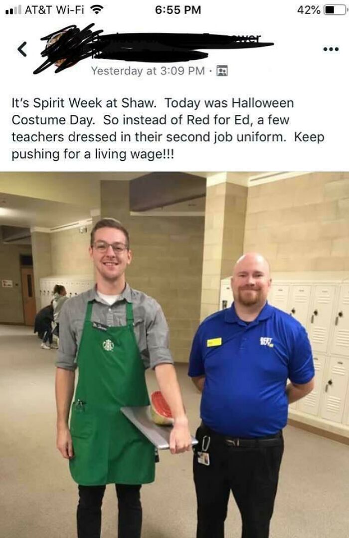 Two teachers dressed in their second job uniforms for Halloween, advocating for a living wage in a horrid and sad world.