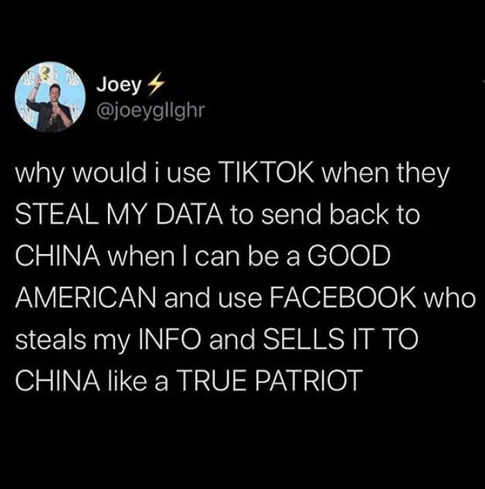A tweet questioning data theft by TikTok versus Facebook, highlighting a horrid and sad world of digital privacy concerns.