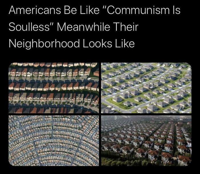 A compilation of four aerial views showing rows of identical suburban houses, illustrating a horrid and sad world.