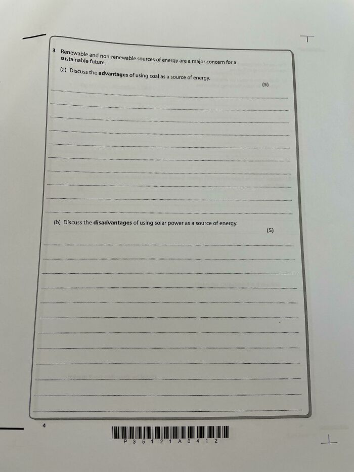 An exam paper discussing renewable and non-renewable energy, part of the sad world's challenges.