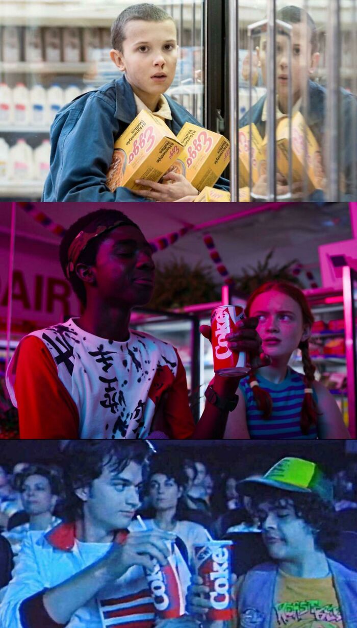 Three scenes from Stranger Things, showcasing product placement in a horrid and sad world.