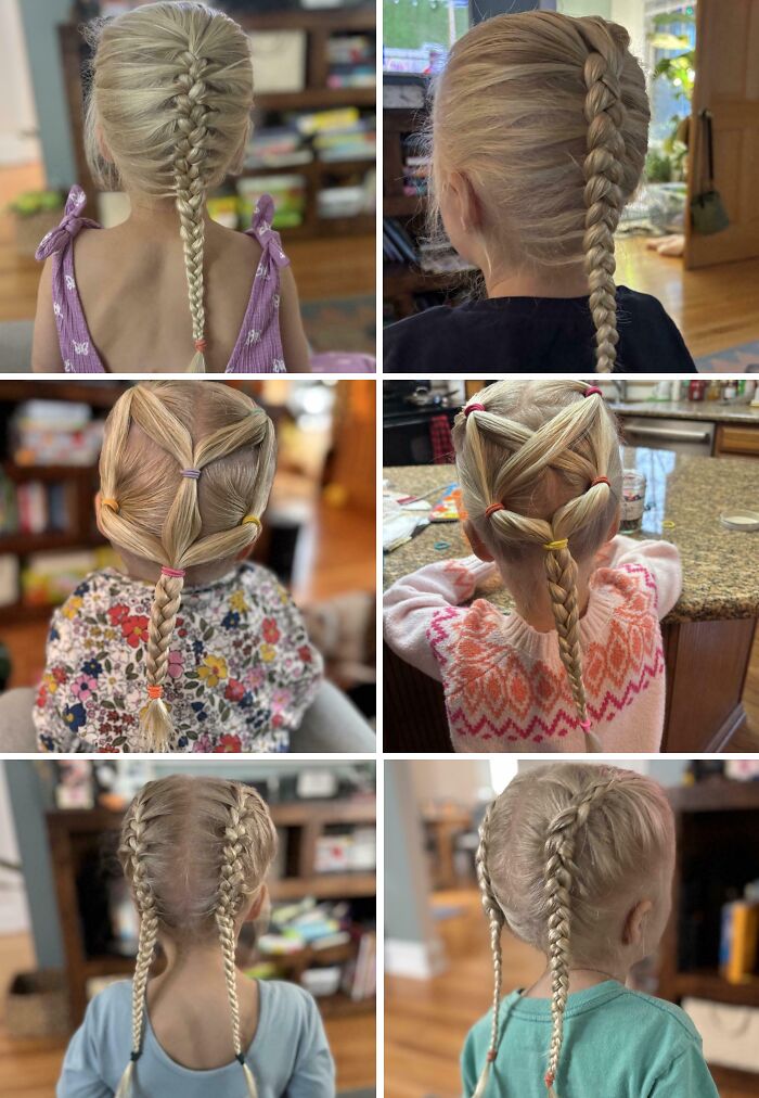 A great dad braids his daughter's blonde hair into various styles: a single braid, a star pattern, and pigtails.