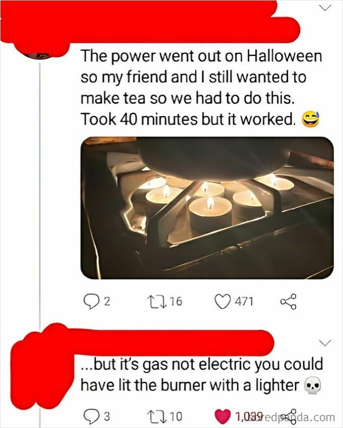 A photo of a person trying to make tea with candles because the power went out, illustrating crazy things.