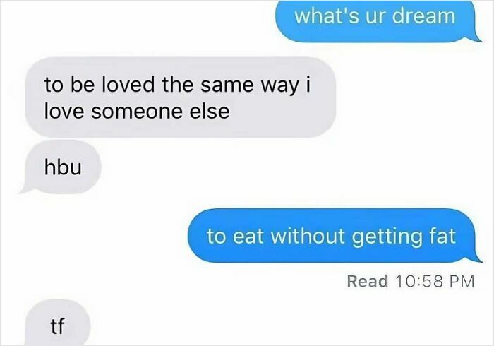 A screenshot showing a conversation with strange and unfiltered internet dreams about love and food.