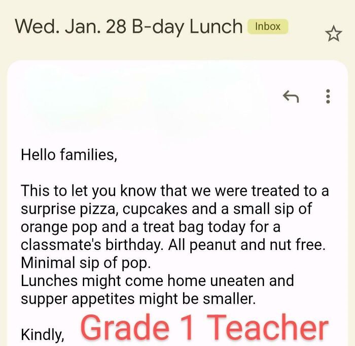 An email from a Grade 1 teacher informing parents about a birthday treat for classmates, showcasing a funny aspect of being a great dad.