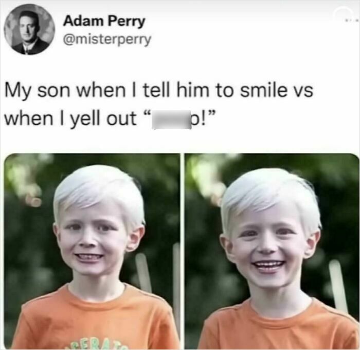 A split image of a young boy showing a forced smile and a genuine, funny, and goofy smile, summing up being a great dad.
