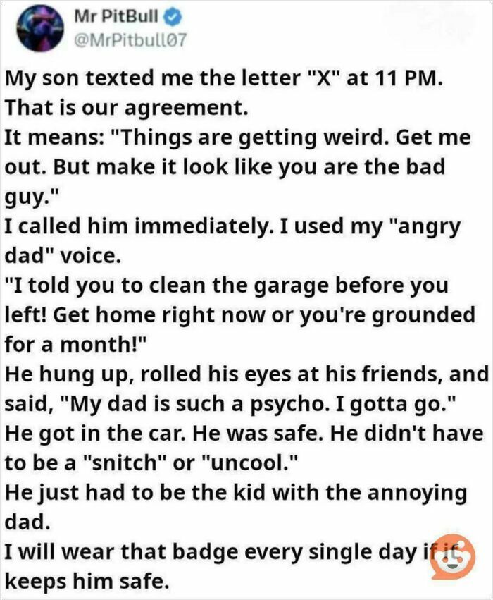 A great dad's text conversation from MrPitbull07 about a son texting 'X' for help, prompting a rescue plan.