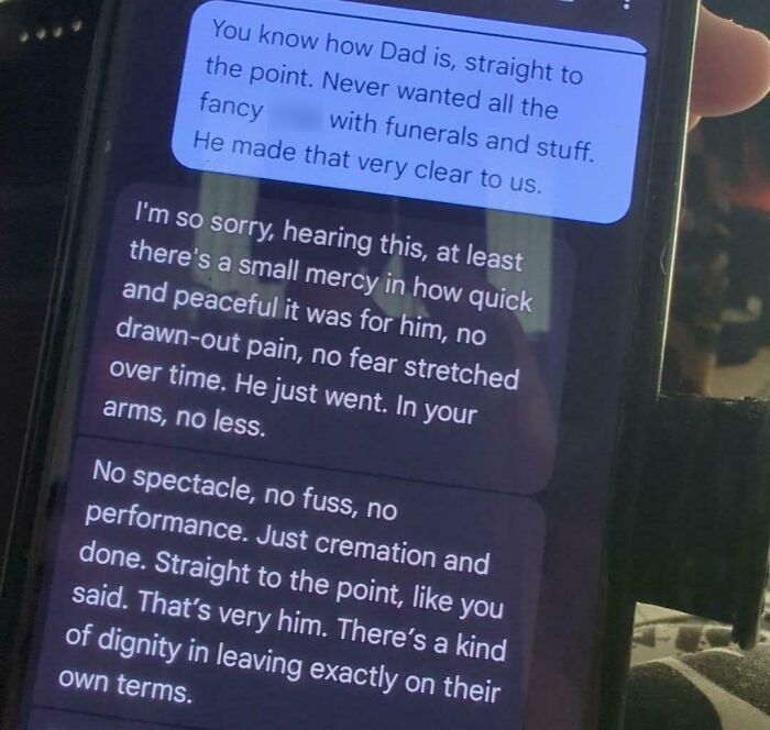 A phone screen displays text messages about a father's simple funeral wishes, a sad world reality.