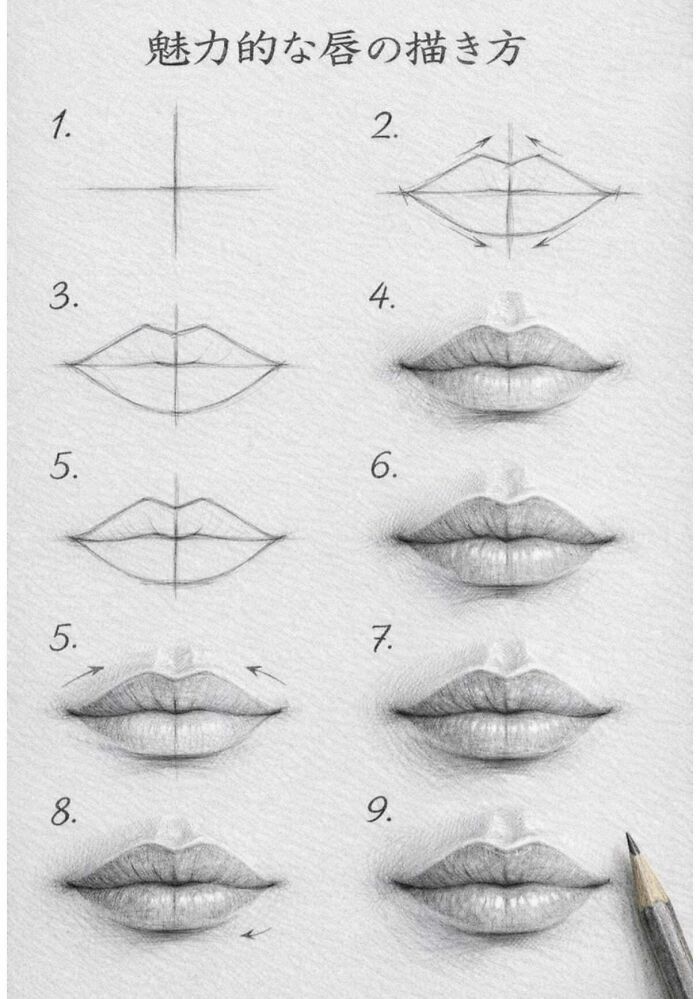 A detailed step-by-step drawing guide showing how to draw realistic lips, highlighting the horrid world.
