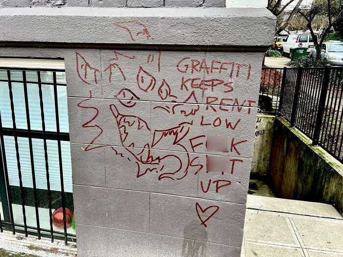 Image shows a concrete wall with red graffiti stating, GRAFFITI KEEPS RENT LOW. Horrid world we're living in.