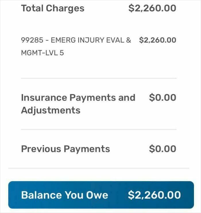 A medical bill for $2,260, revealing the financial burdens in a horrid and sad world.