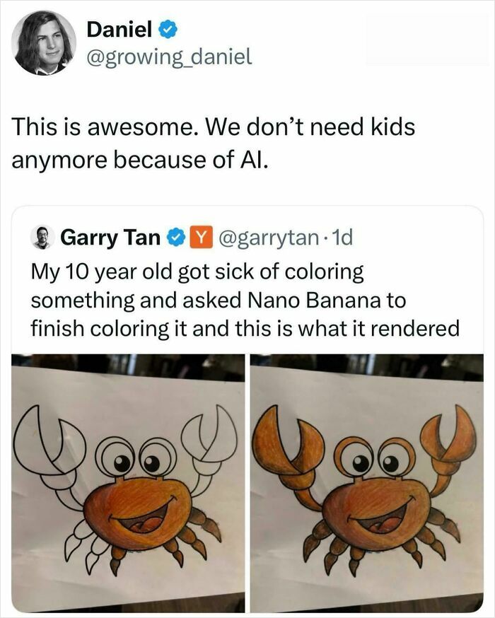 A Twitter conversation about AI coloring a crab drawing, reflecting the horrid world.