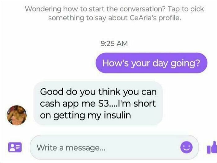 A text message conversation where someone asks for $3 for insulin, illustrating a sad and horrid world situation.