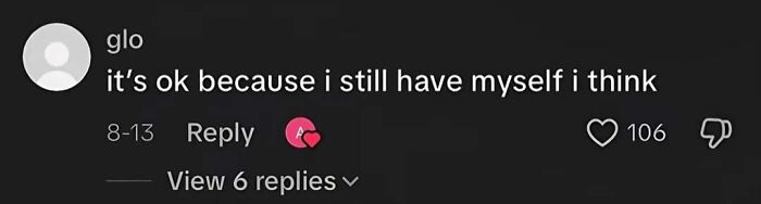 A screenshot of a comment saying it's ok because I still have myself, capturing the internet's strangest moments.