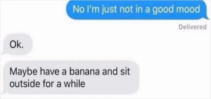 A strange internet screenshot of a text message exchange: No Im just not in a good mood / Ok. / Maybe have a banana and sit outside.