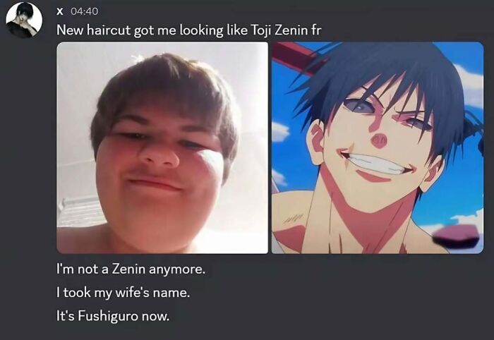 A screenshot of a Discord message with a person comparing their new haircut to Toji Zenin, an internet moment.