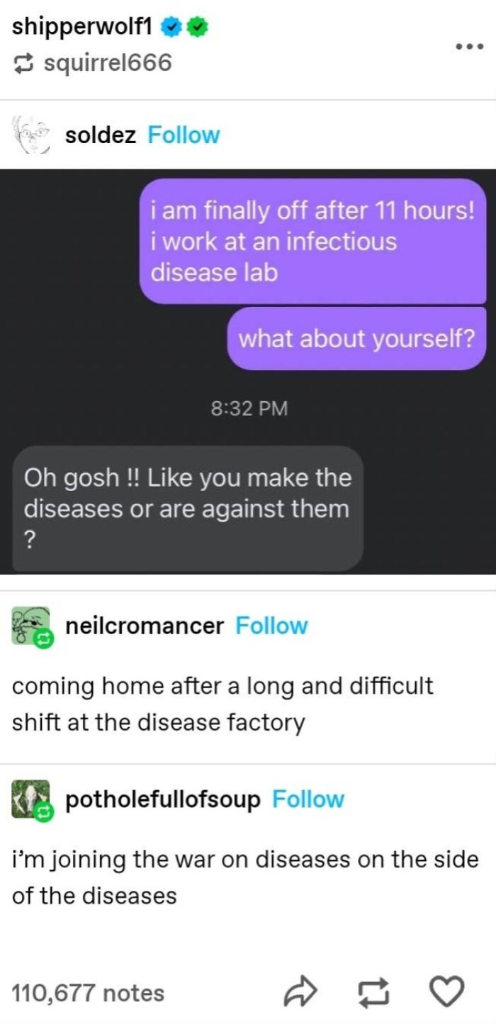 A screenshot of hilarious texts about someone working at an infectious disease lab, leading to funny comments about disease factories.