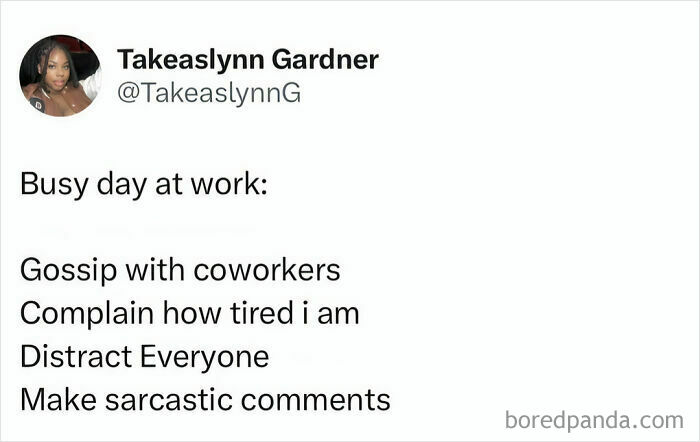 A relatable work meme from Takeaslynn Gardner on Twitter showing a to-do list for a busy day at work.