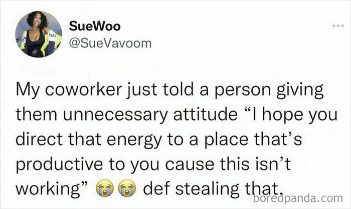 Relatable work meme: a SueWoo tweet about a coworker telling someone with attitude to direct that energy to a productive place, with crying emojis and boredpanda.com.