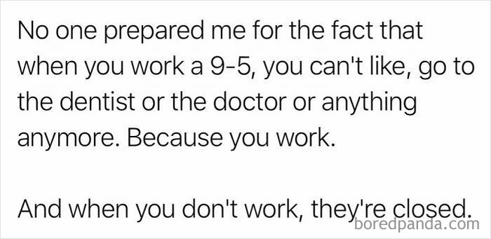 Work memes: A text post about the difficulty of scheduling appointments when you work 9-5, relatable work memes for the hamster wheel.