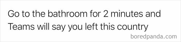 White background with text: Go to the bathroom for 2 minutes and Teams will say you left this country, a relatable work meme.