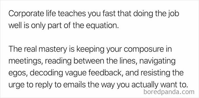 Relatable work meme explaining the complexities of corporate life beyond just doing the job well.