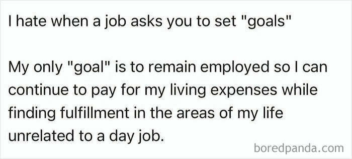 Relatable work meme: a sarcastic take on job goals, focusing on employment for living expenses and personal fulfillment.