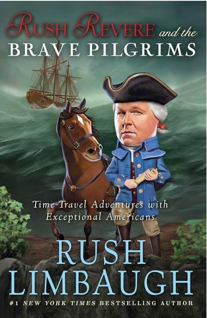 Hilariously unhinged book cover of Rush Revere on a horse with a giant head