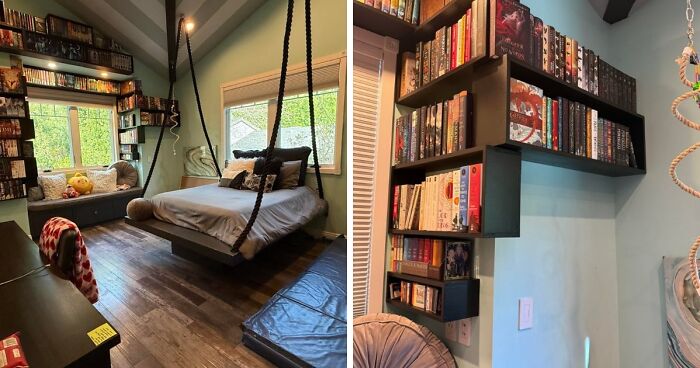 Bedroom home decor projects featuring a unique hanging bed, built-in window seating, and extensive book shelving.