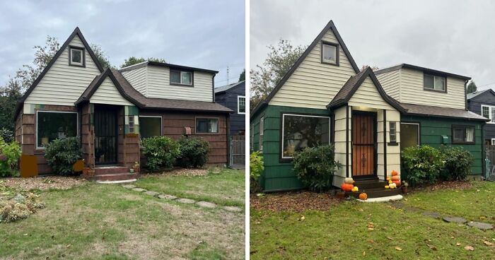 Exterior home decor projects: a house transformed with a fresh coat of green paint and autumn decorations.
