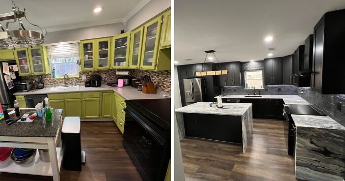 A kitchen before and after, showcasing a dramatic home decor project from bright green cabinets to sleek black.