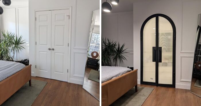 Before and after view of a bedroom featuring a new arched door as a stylish home decor project.